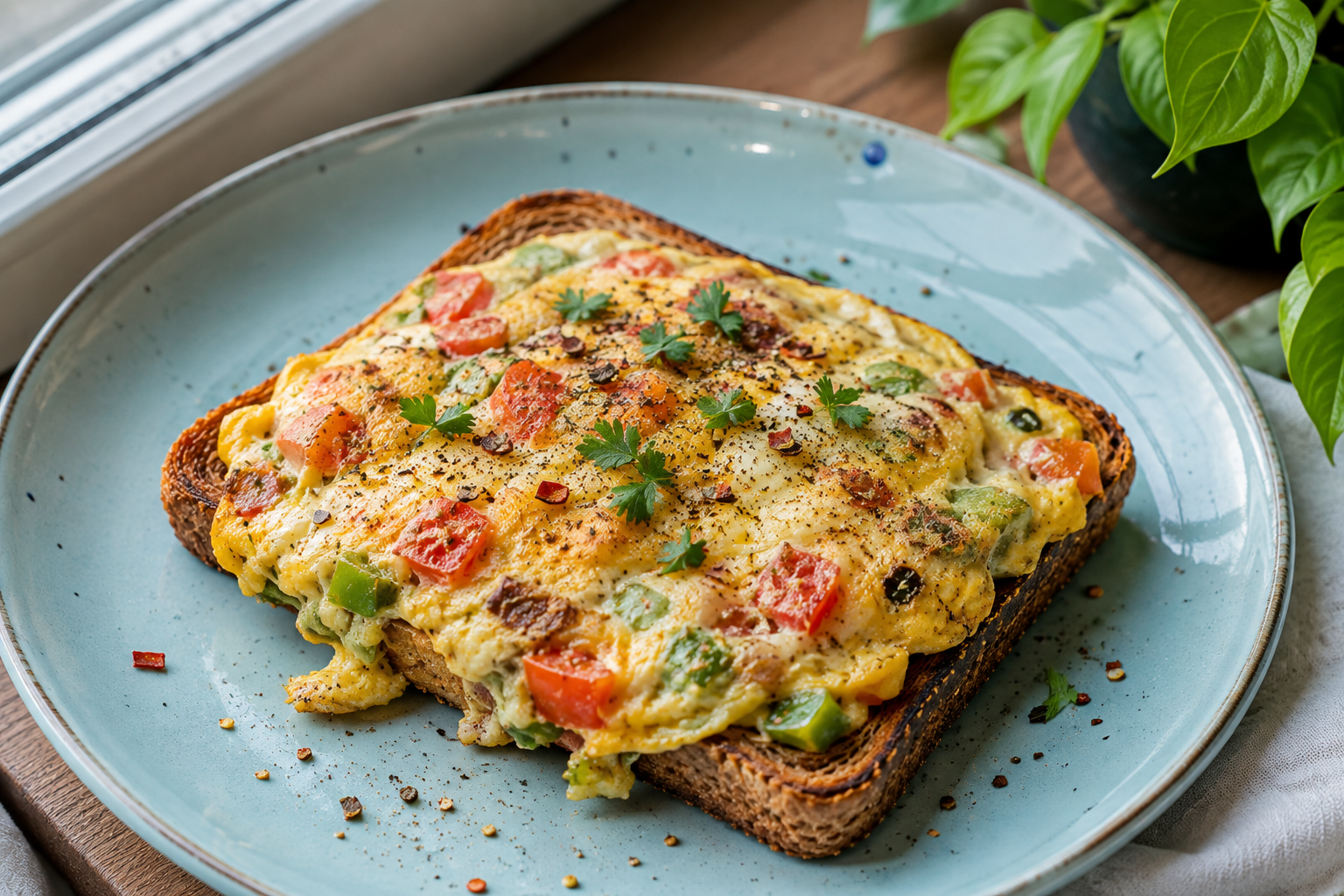 Whole wheat veggie egg toast with tomato and carrot