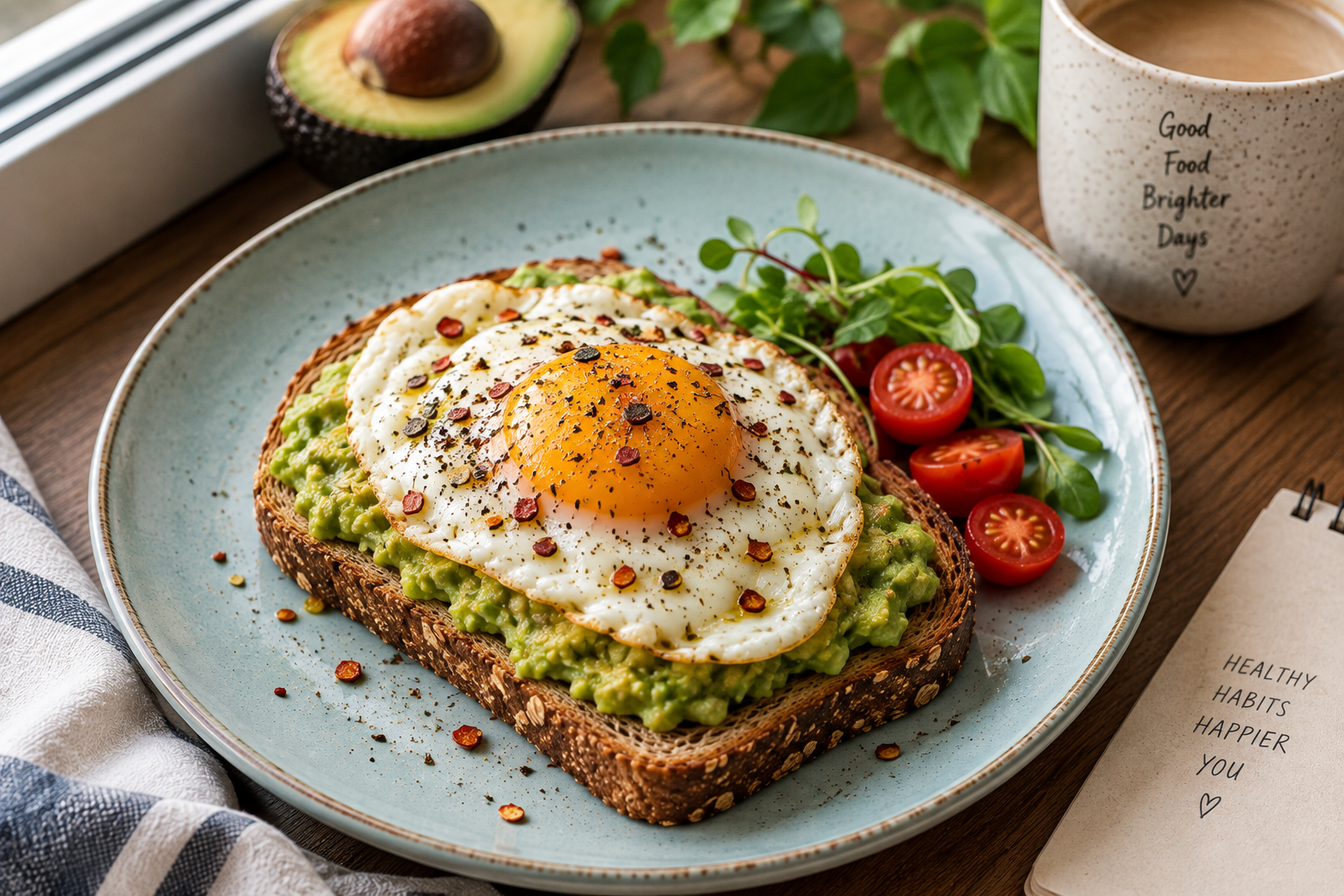 Whole wheat avocado toast topped with egg