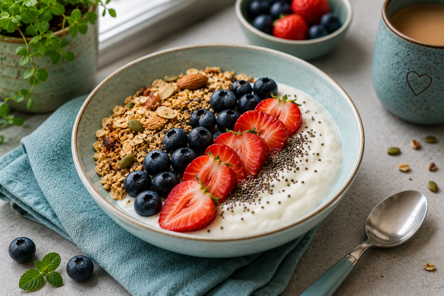 Greek yogurt breakfast bowl with fresh berries and granola
